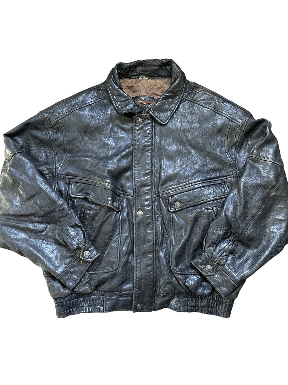Vintage 90s Black Leather Bomber Jacket XL Oversized Distressed Flight Biker